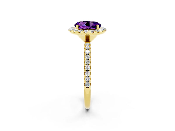 Yellow gold Round Cut Amethyst Halo Engagement Ring with Round Pavé Band and Prong Setting