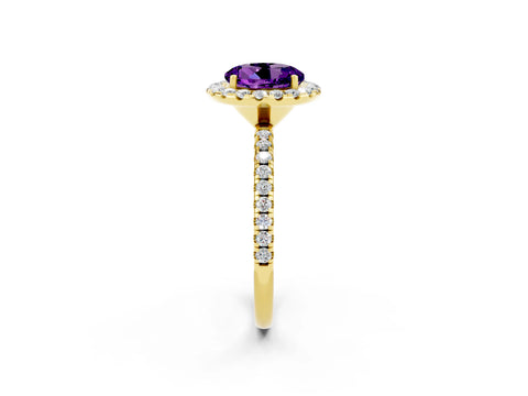 Yellow gold Round Cut Cut Diamond Floral Halo Engagement Ring with Pavé Band and Prong Setting_2