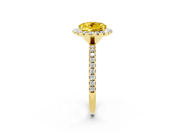 Yellow gold Round Cut Yellow Sapphire Halo Engagement Ring with Round Pavé Band and Prong Setting