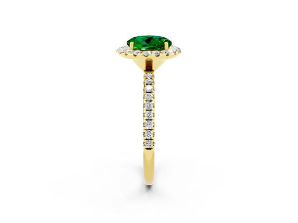 Yellow gold Round Cut Emerald Halo Engagement Ring with Round Pavé Band and Prong Setting