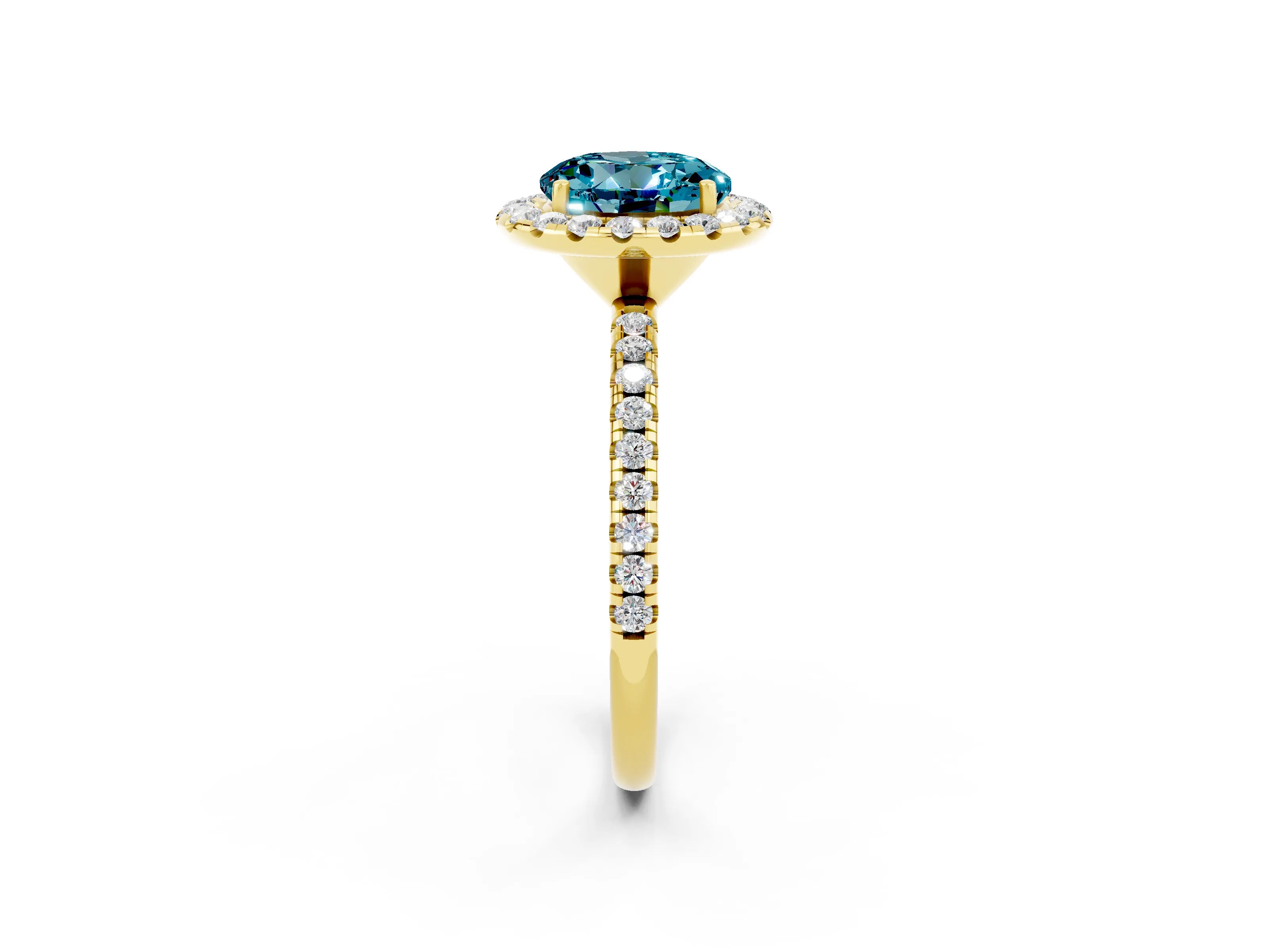 Yellow gold Round Cut Cut Diamond Floral Halo Engagement Ring with Pavé Band and Prong Setting_2