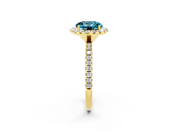 Yellow gold Round Cut Cut Diamond Floral Halo Engagement Ring with Pavé Band and Prong Setting