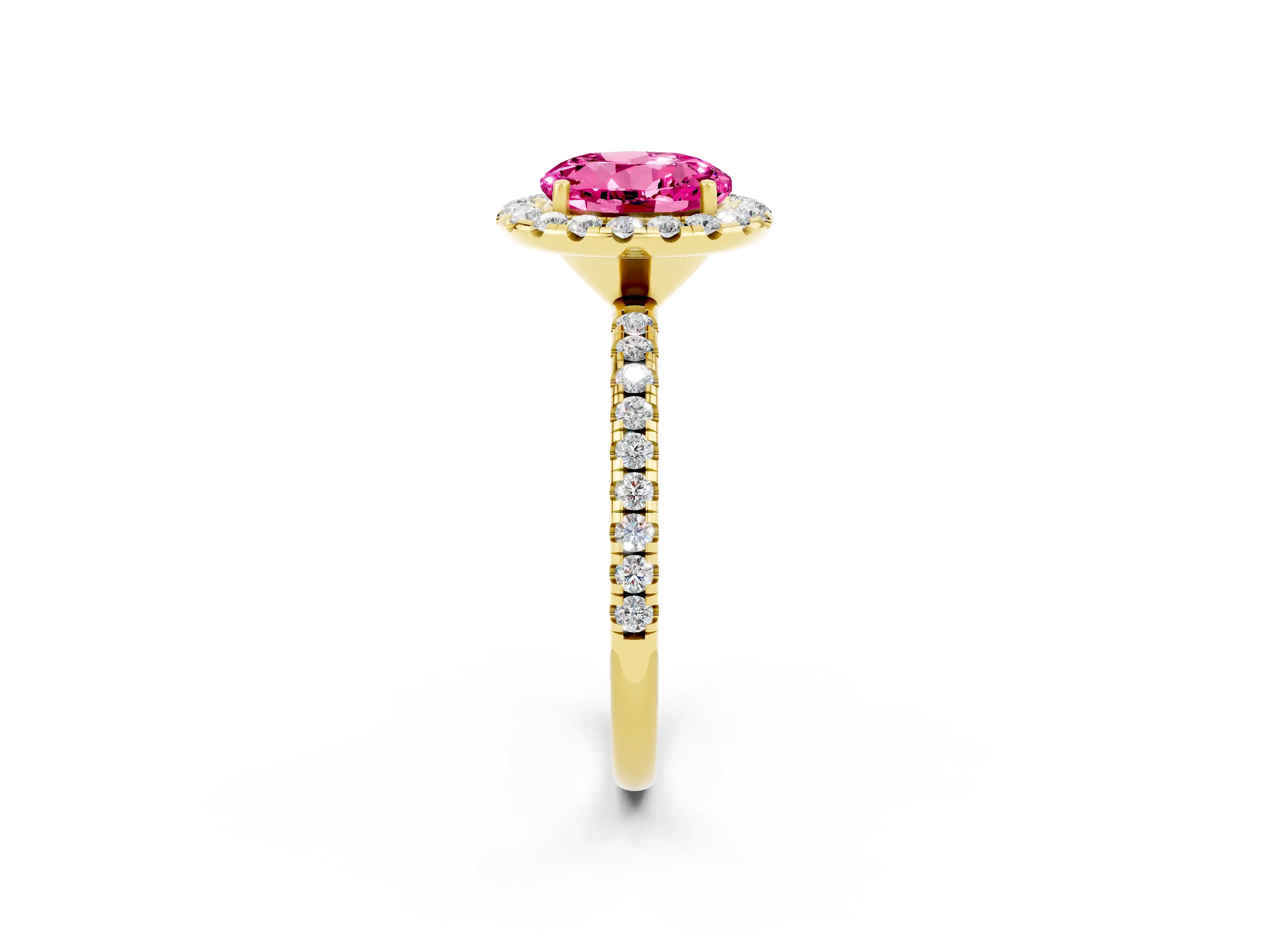 Yellow gold Round Cut Cut Diamond Floral Halo Engagement Ring with Pavé Band and Prong Setting_2