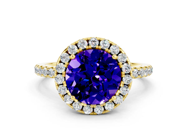 Yellow gold Round Cut Tanzanite Halo Engagement Ring with Round Pavé Band and Prong Setting