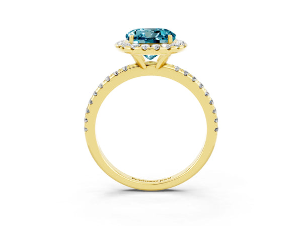 Yellow gold Round Cut Cut Diamond Floral Halo Engagement Ring with Pavé Band and Prong Setting