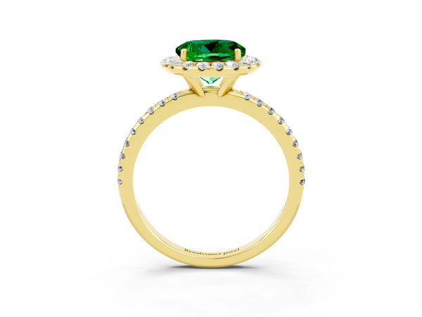 Yellow gold Round Cut Emerald Halo Engagement Ring with Round Pavé Band and Prong Setting