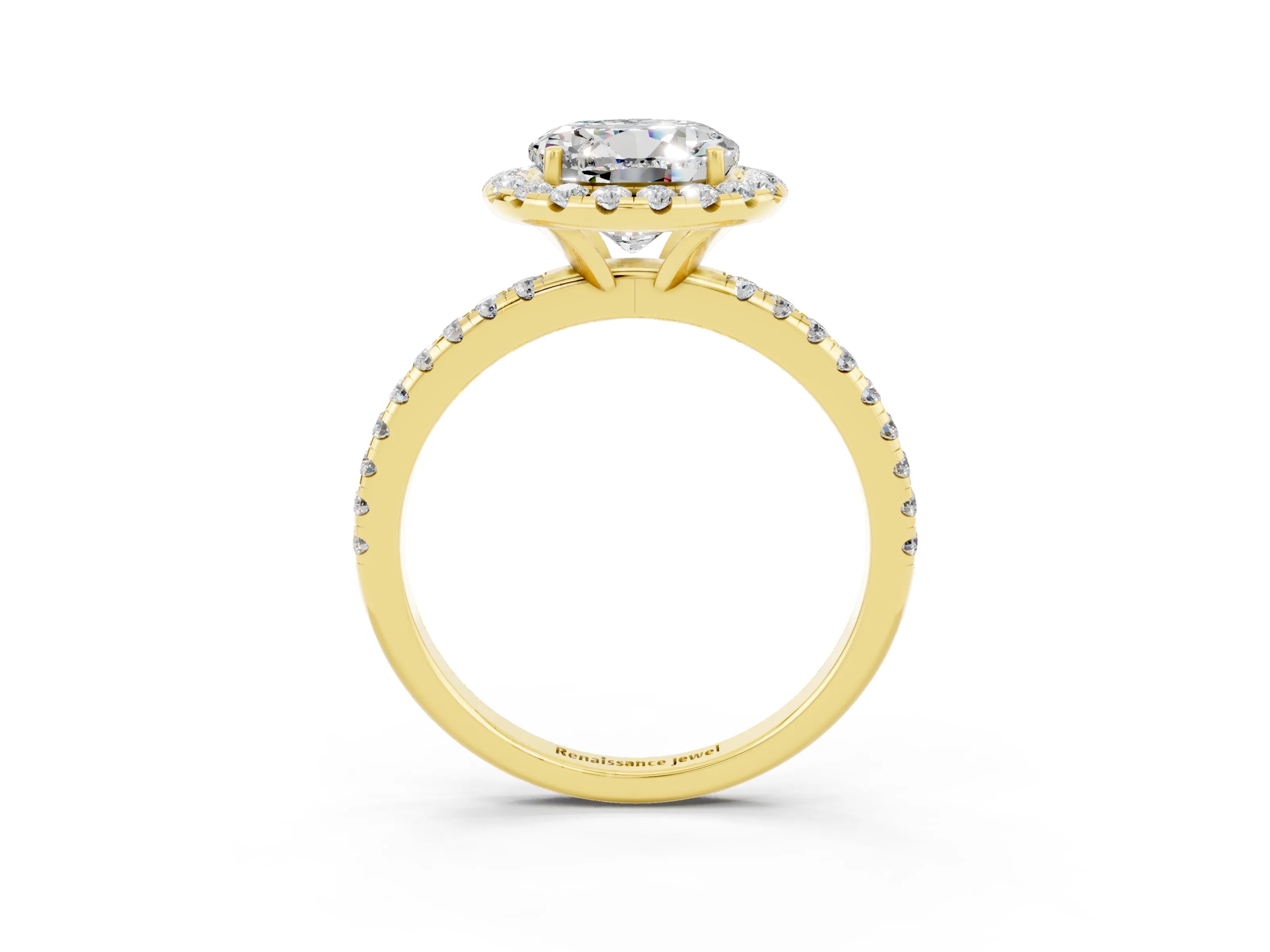 Yellow gold Round Cut Cut Diamond Floral Halo Engagement Ring with Pavé Band and Prong Setting_3