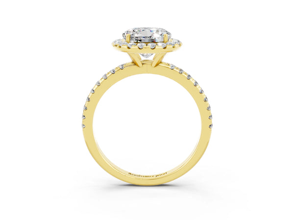 Yellow gold Round Cut Moissanite Halo Engagement Ring with Round Pavé Band and Prong Setting