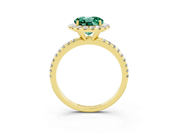 Yellow gold Round Cut Green Sapphire Halo Engagement Ring with Round Pavé Band and Prong Setting