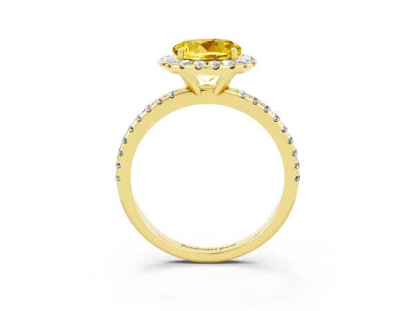 Yellow gold Round Cut Yellow Sapphire Halo Engagement Ring with Round Pavé Band and Prong Setting
