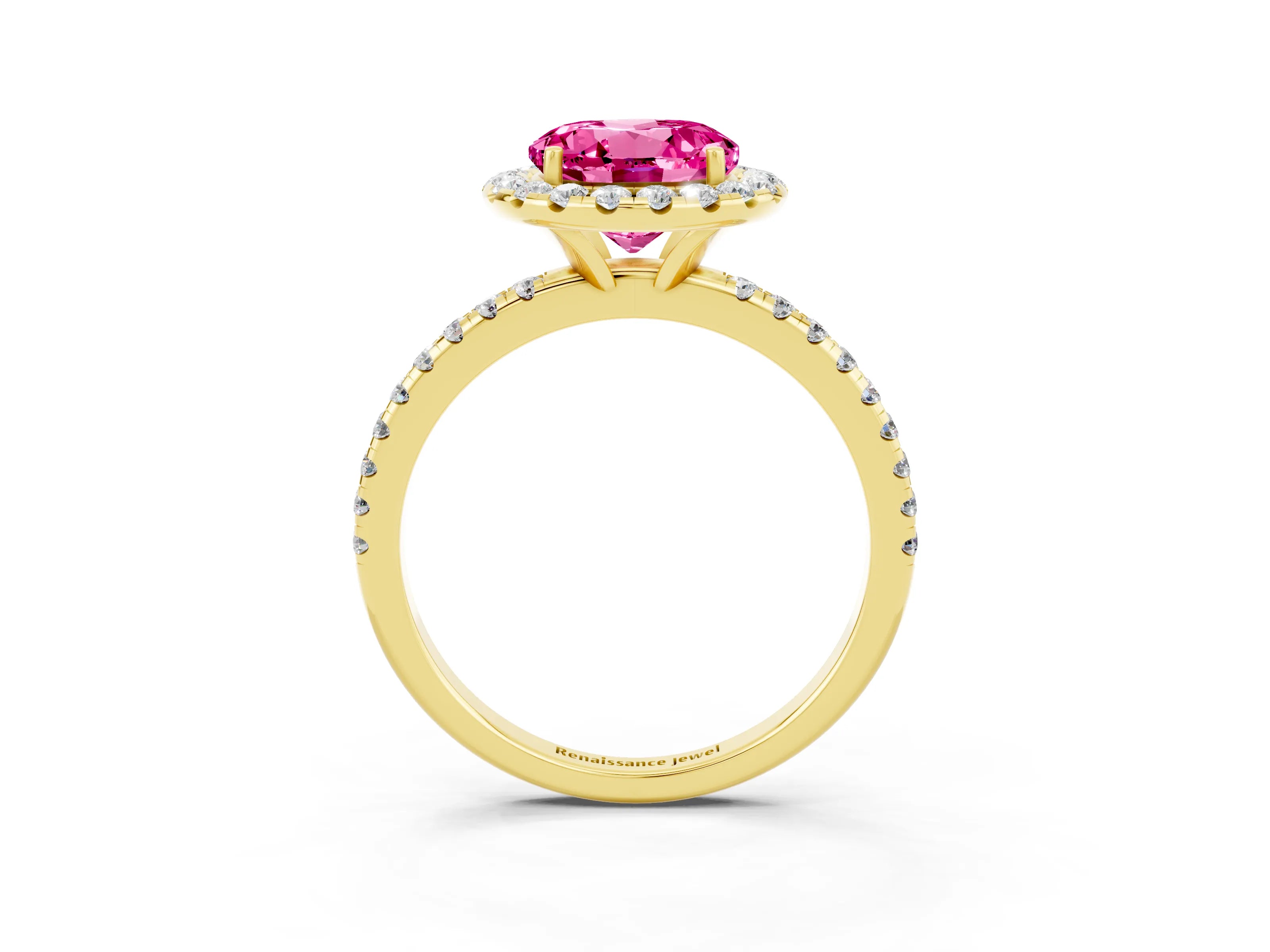 Yellow gold Round Cut Cut Diamond Floral Halo Engagement Ring with Pavé Band and Prong Setting_3