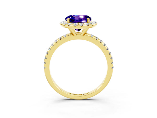 Yellow gold Round Cut Tanzanite Halo Engagement Ring with Round Pavé Band and Prong Setting