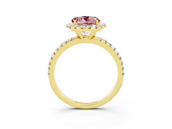 Yellow gold Round Cut Cut Diamond Floral Halo Engagement Ring with Pavé Band and Prong Setting