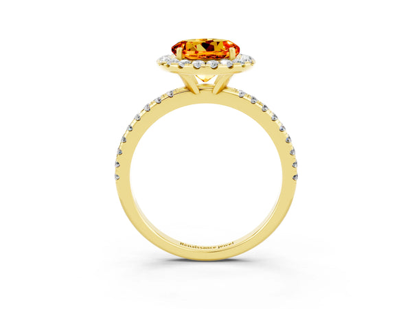 Yellow gold Round Cut Citrine Halo Engagement Ring with Round Pavé Band and Prong Setting