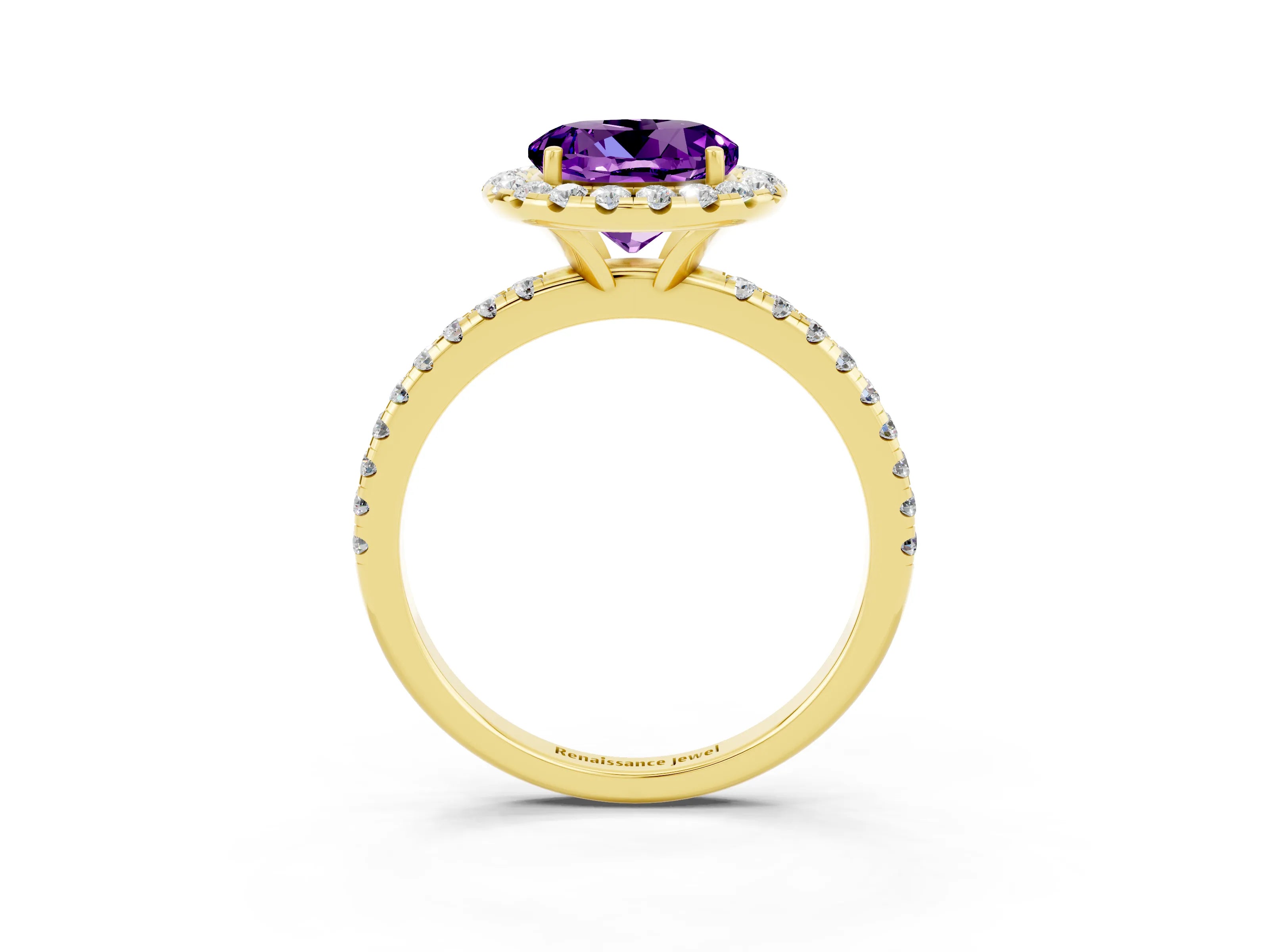 Yellow gold Round Cut Cut Diamond Floral Halo Engagement Ring with Pavé Band and Prong Setting_3