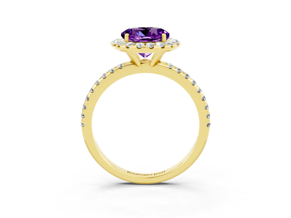 Yellow gold Round Cut Amethyst Halo Engagement Ring with Round Pavé Band and Prong Setting