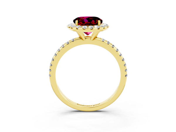 Yellow gold Round Cut Garnet Halo Engagement Ring with Round Pavé Band and Prong Setting