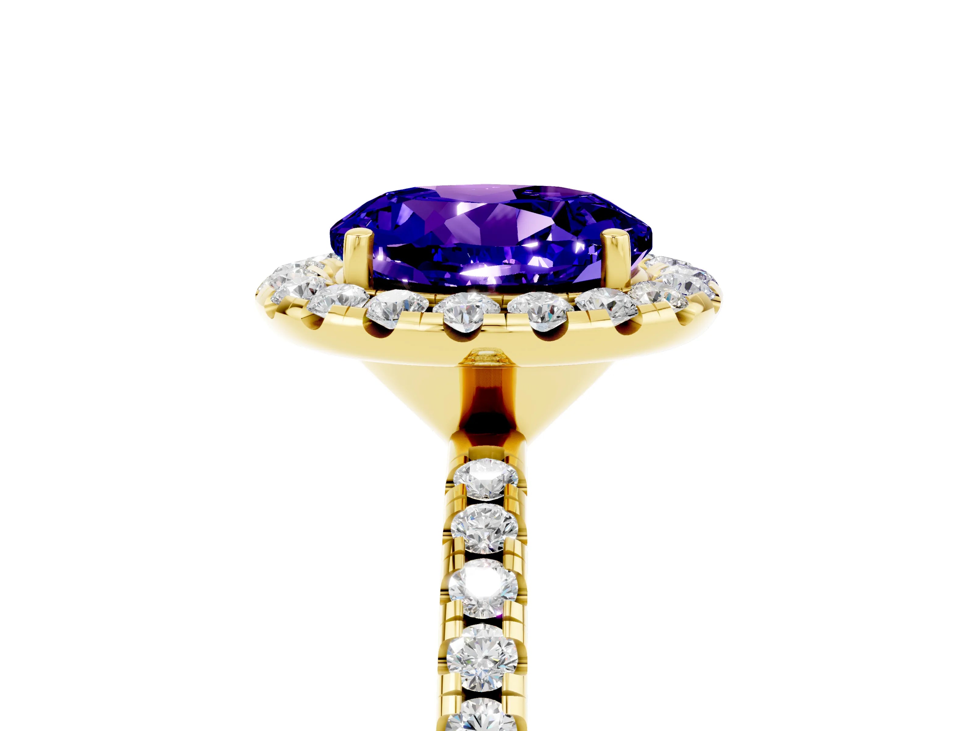 Yellow gold Round Cut Cut Diamond Floral Halo Engagement Ring with Pavé Band and Prong Setting_5