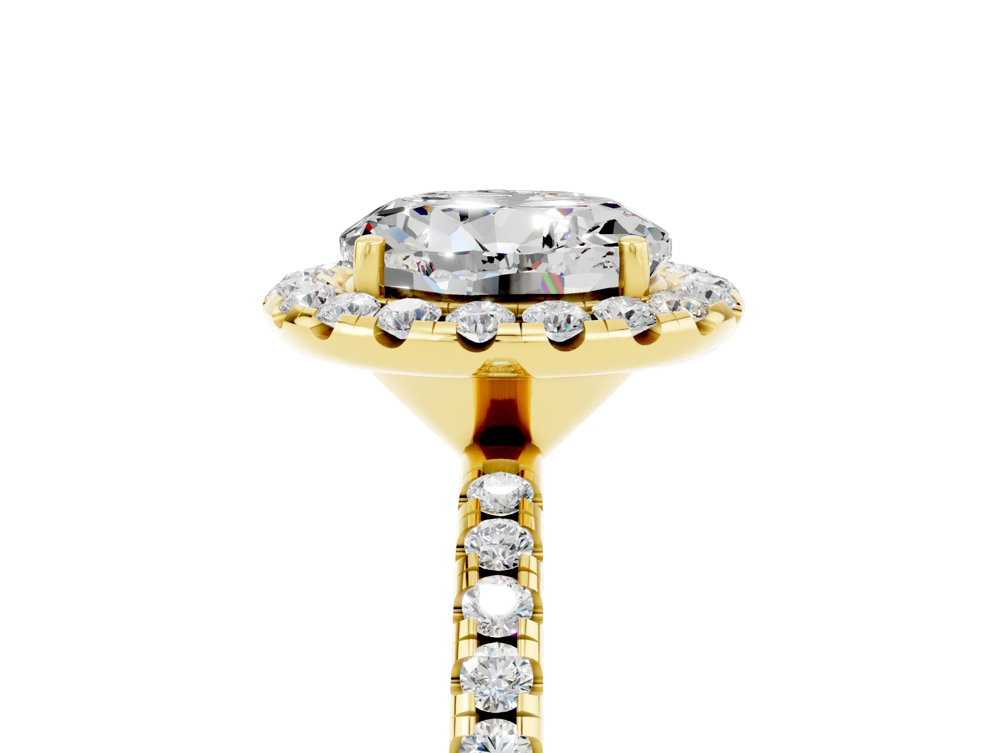 Yellow gold Round Cut Cut Diamond Floral Halo Engagement Ring with Pavé Band and Prong Setting_5