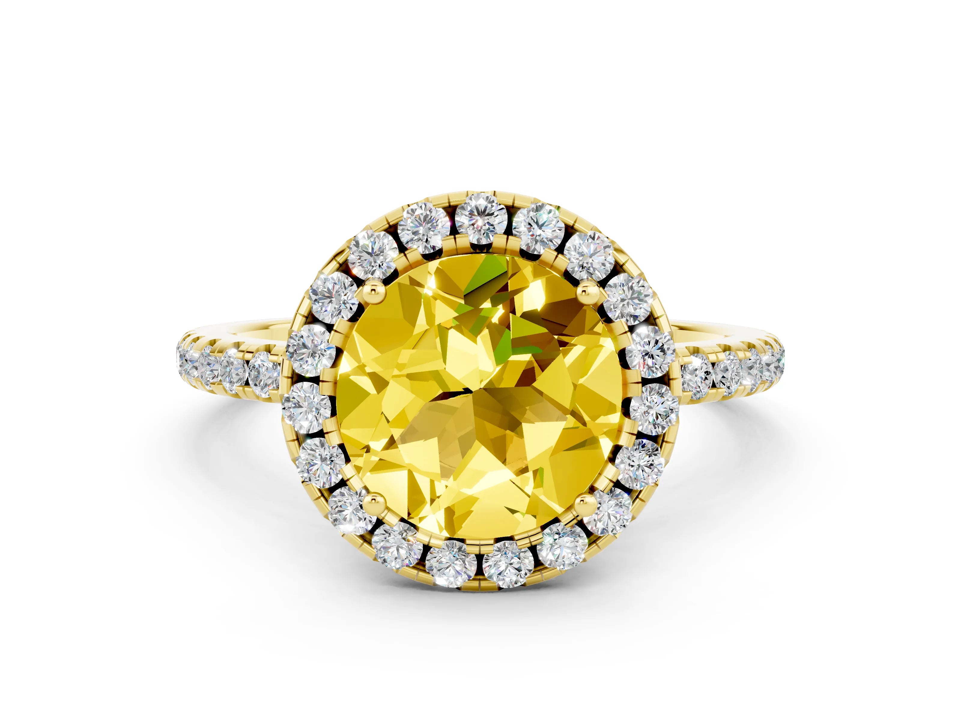 Yellow gold Round Cut Cut Diamond Floral Halo Engagement Ring with Pavé Band and Prong Setting