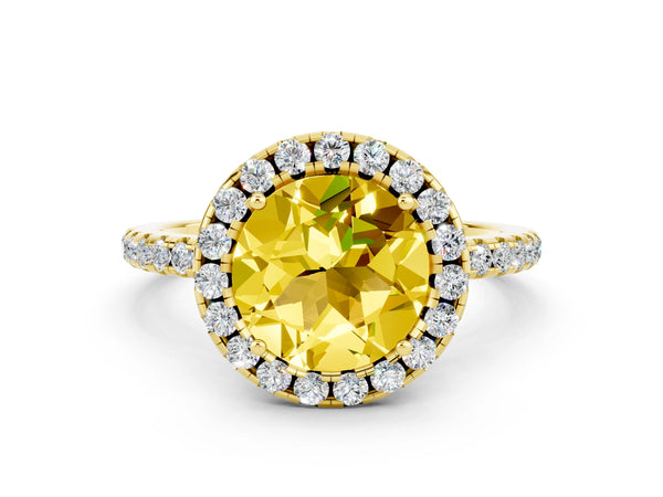 Yellow gold Round Cut Yellow Sapphire Halo Engagement Ring with Round Pavé Band and Prong Setting