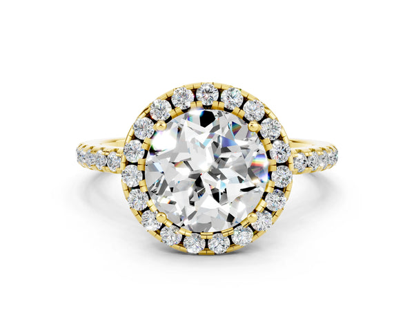 Yellow gold Round Cut Moissanite Halo Engagement Ring with Round Pavé Band and Prong Setting