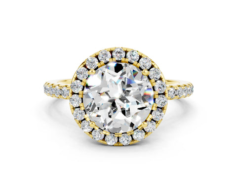 Yellow gold Round Cut Cut Diamond Floral Halo Engagement Ring with Pavé Band and Prong Setting