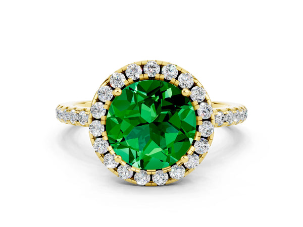 Yellow gold Round Cut Emerald Halo Engagement Ring with Round Pavé Band and Prong Setting