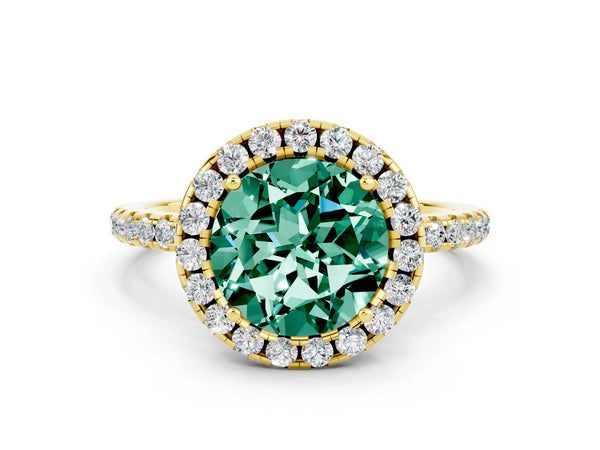 Yellow gold Round Cut Green Sapphire Halo Engagement Ring with Round Pavé Band and Prong Setting