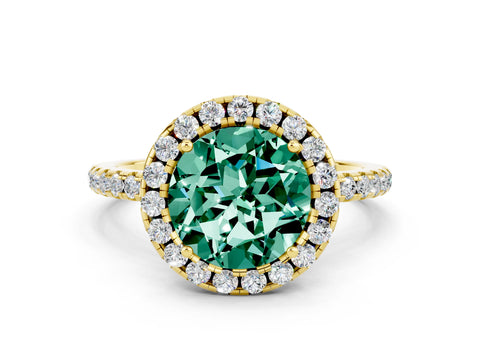 Yellow gold Round Cut Cut Diamond Floral Halo Engagement Ring with Pavé Band and Prong Setting