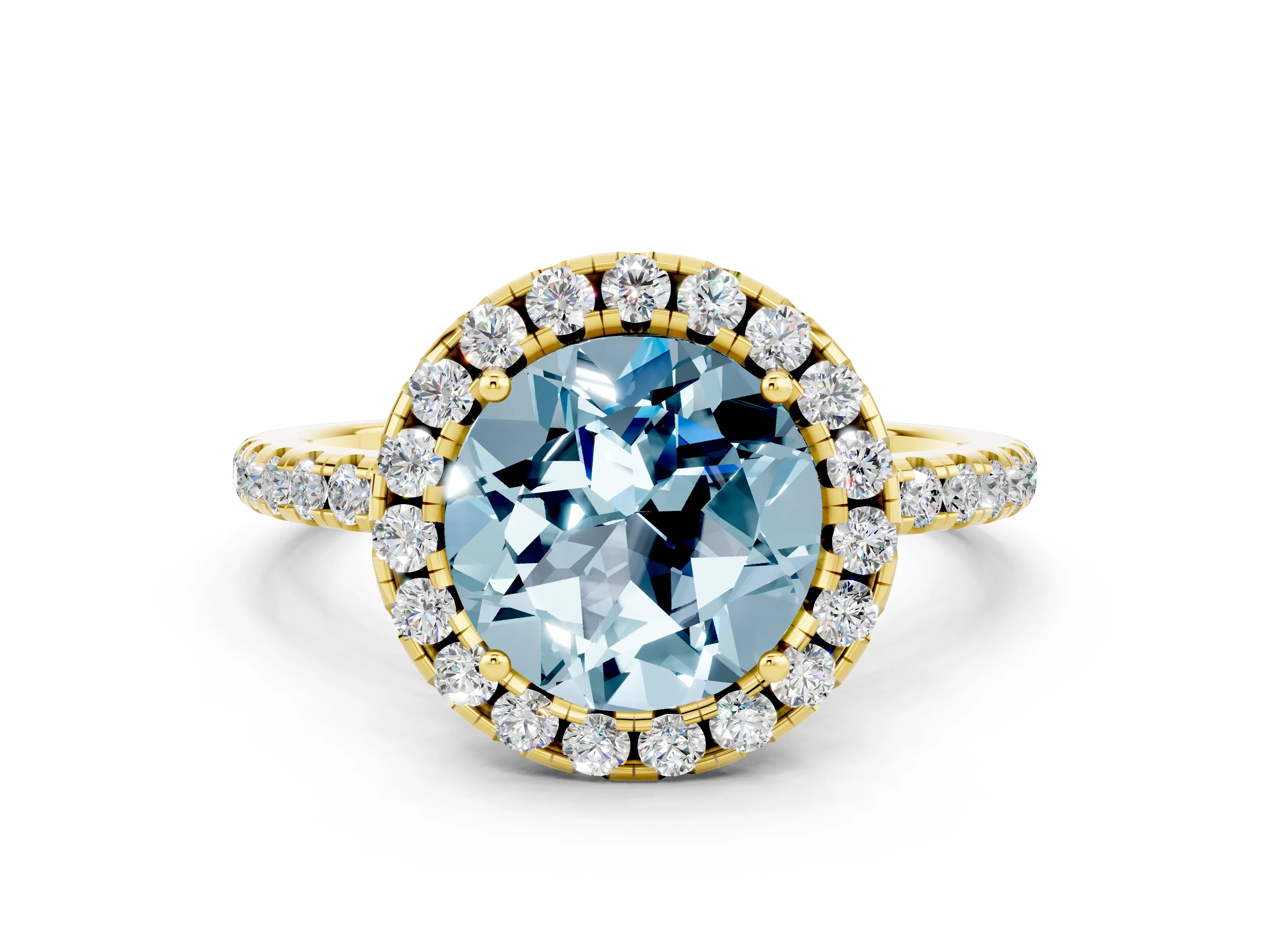 Yellow gold Round Cut Cut Diamond Floral Halo Engagement Ring with Pavé Band and Prong Setting