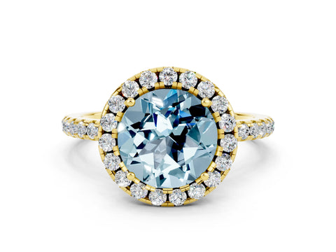 Yellow gold Round Cut Cut Diamond Floral Halo Engagement Ring with Pavé Band and Prong Setting
