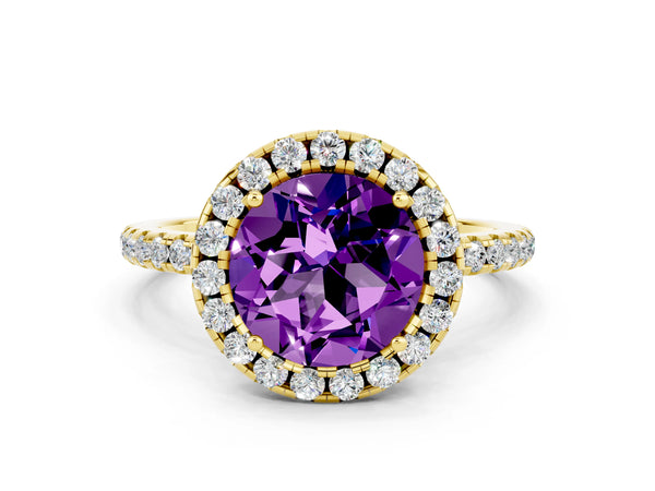 Yellow gold Round Cut Amethyst Halo Engagement Ring with Round Pavé Band and Prong Setting