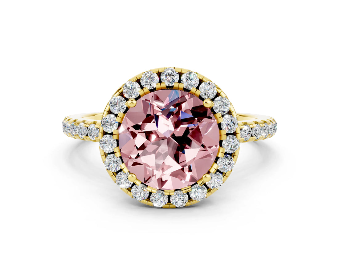 Yellow gold Round Cut Cut Diamond Floral Halo Engagement Ring with Pavé Band and Prong Setting
