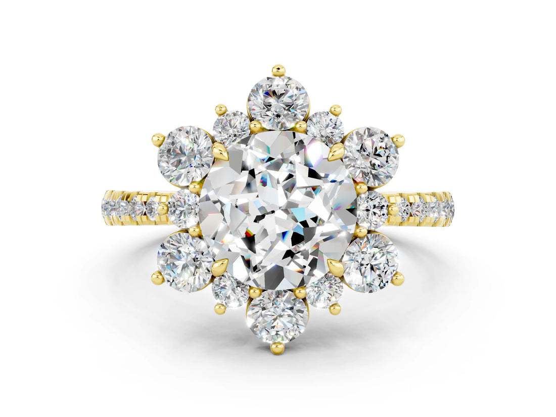 Yellow gold Round Cut Cut Diamond Floral Halo Pave Band with Prong Setting