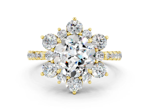 Yellow gold Round Cut Moissanite Floral Halo Ring with Round Pavé Band and Prong Setting