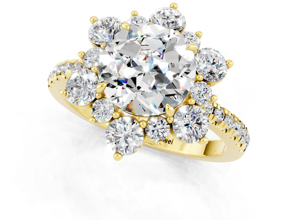 Yellow gold Round Cut Moissanite Floral Halo Ring with Round Pavé Band and Prong Setting