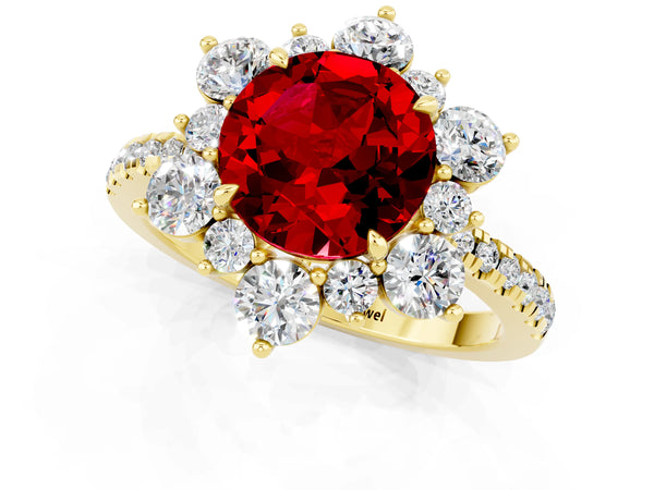 Yellow gold Round Cut Ruby Floral Halo Ring with Round Pavé Band and Prong Setting