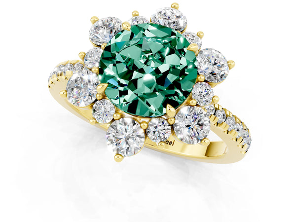 Yellow gold Round Cut Green Sapphire Floral Halo Ring with Round Pavé Band and Prong Setting