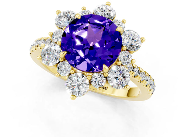 Yellow gold Round Cut Tanzanite Floral Halo Ring with Round Pavé Band and Prong Setting