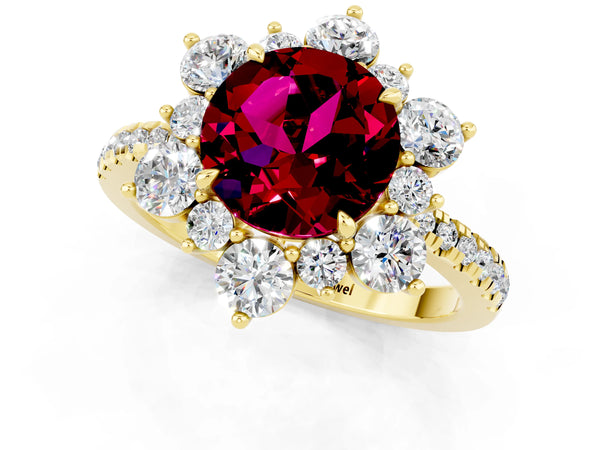 Yellow gold Round Cut Garnet Floral Halo Ring with Round Pavé Band and Prong Setting