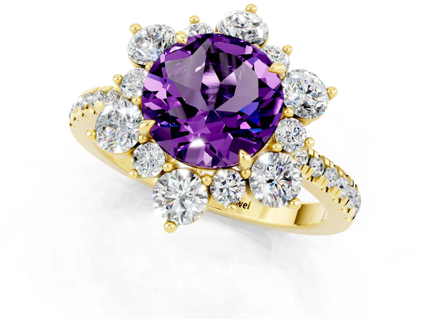 Yellow gold Round Cut Amethyst Floral Halo Ring with Round Pavé Band and Prong Setting
