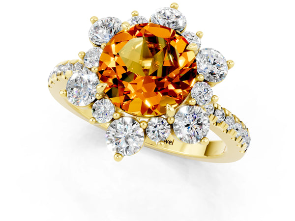 Yellow gold Round Cut Citrine Floral Halo Ring with Round Pavé Band and Prong Setting