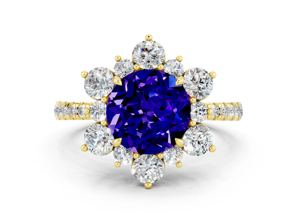 Yellow gold Round Cut Tanzanite Floral Halo Ring with Round Pavé Band and Prong Setting