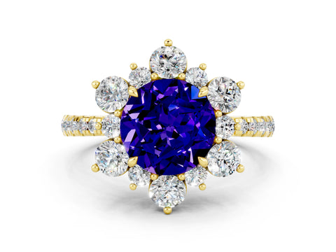 Yellow gold Round Cut Cut Diamond Floral Halo Pave Band with Prong Setting