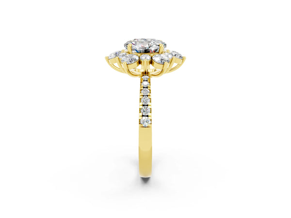 Yellow gold Round Cut Moissanite Floral Halo Ring with Round Pavé Band and Prong Setting