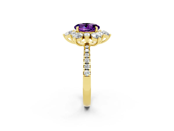 Yellow gold Round Cut Amethyst Floral Halo Ring with Round Pavé Band and Prong Setting