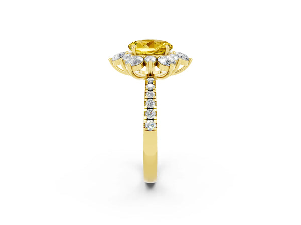 Yellow gold Round Cut Yellow Sapphire Floral Halo Ring with Round Pavé Band and Prong Setting