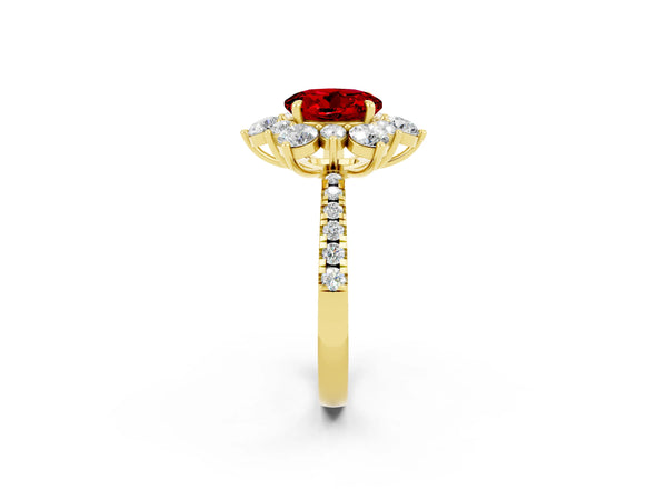 Yellow gold Round Cut Ruby Floral Halo Ring with Round Pavé Band and Prong Setting