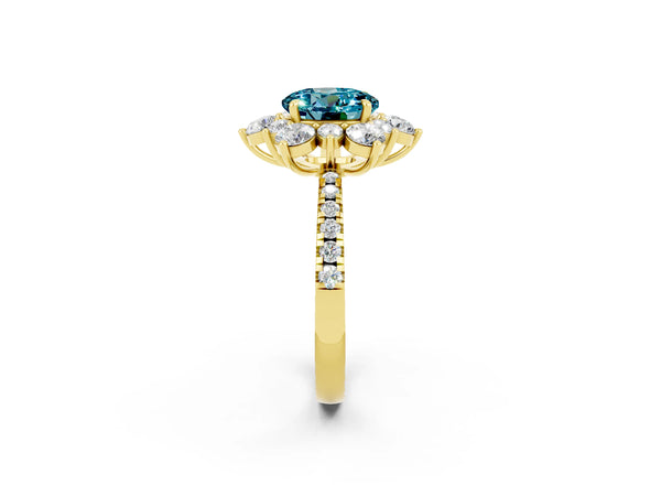 Yellow gold Round Cut Cut Diamond Floral Halo Pave Band with Prong Setting